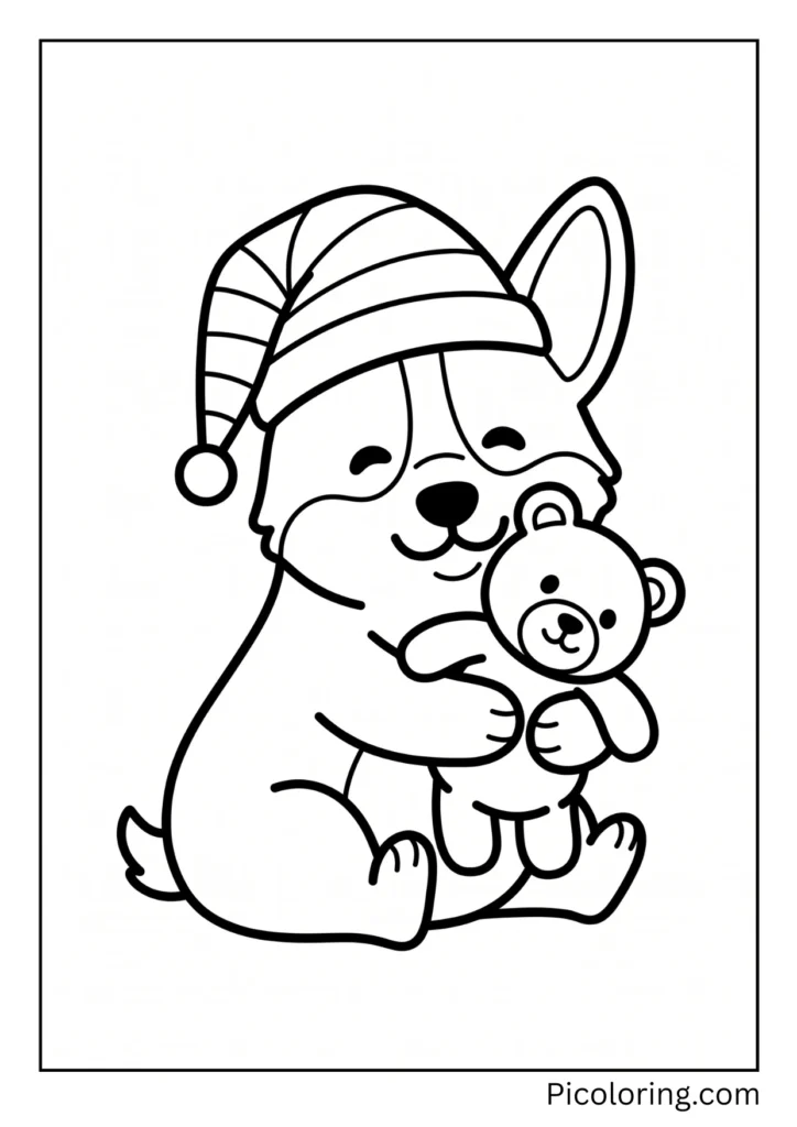 A corgi wearing a nightcap and hugging a stuffed bear A corgi wearing a nightcap and hugging a stuffed bear