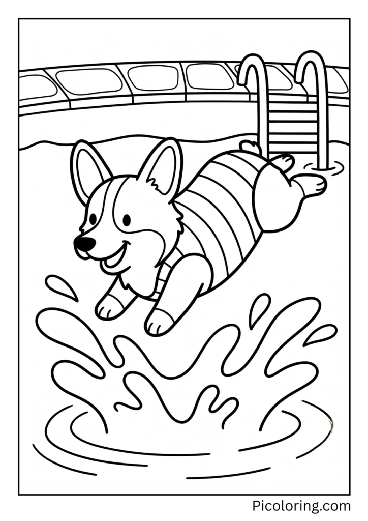 A corgi wearing a swimsuit and diving into a pool A corgi wearing a swimsuit and diving into a pool