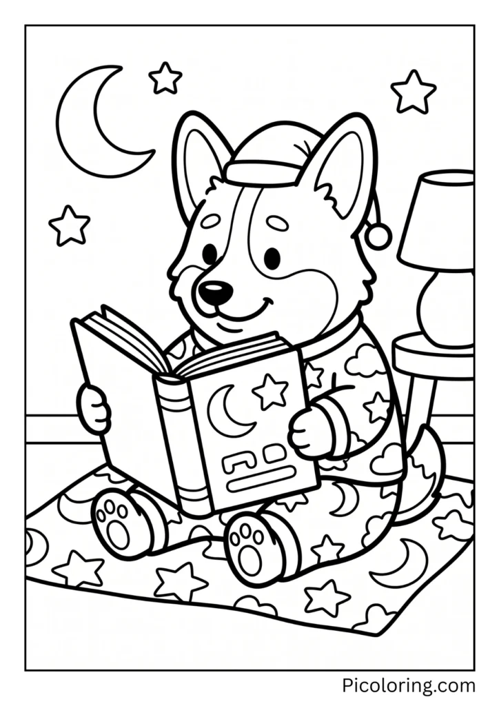 A corgi wearing pajamas and reading a bedtime story book A corgi wearing pajamas and reading a bedtime story book