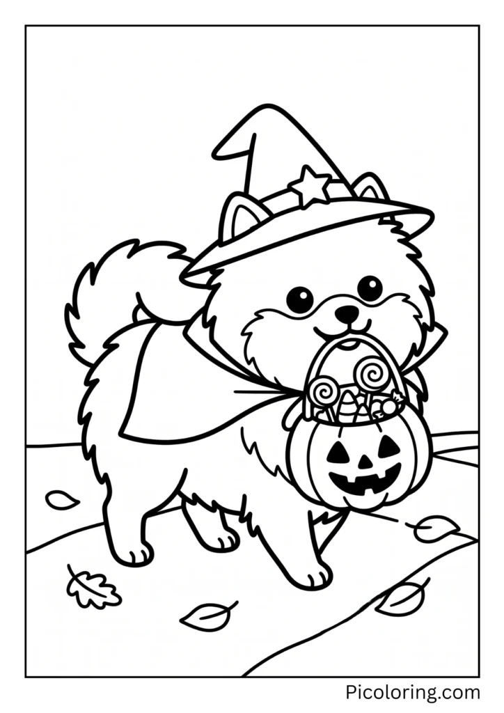 A costumed pomeranian dog carrying a little pumpkin bucket full of Halloween candy A costumed pomeranian dog carrying a little pumpkin bucket full of Halloween candy