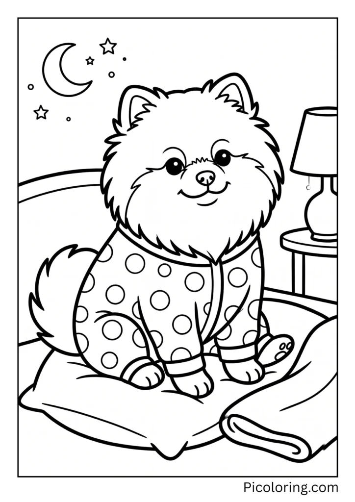 A cozy pomeranian dog wearing cute polka dot pajamas ready for bedtime tonight A cozy pomeranian dog wearing cute polka dot pajamas ready for bedtime tonight