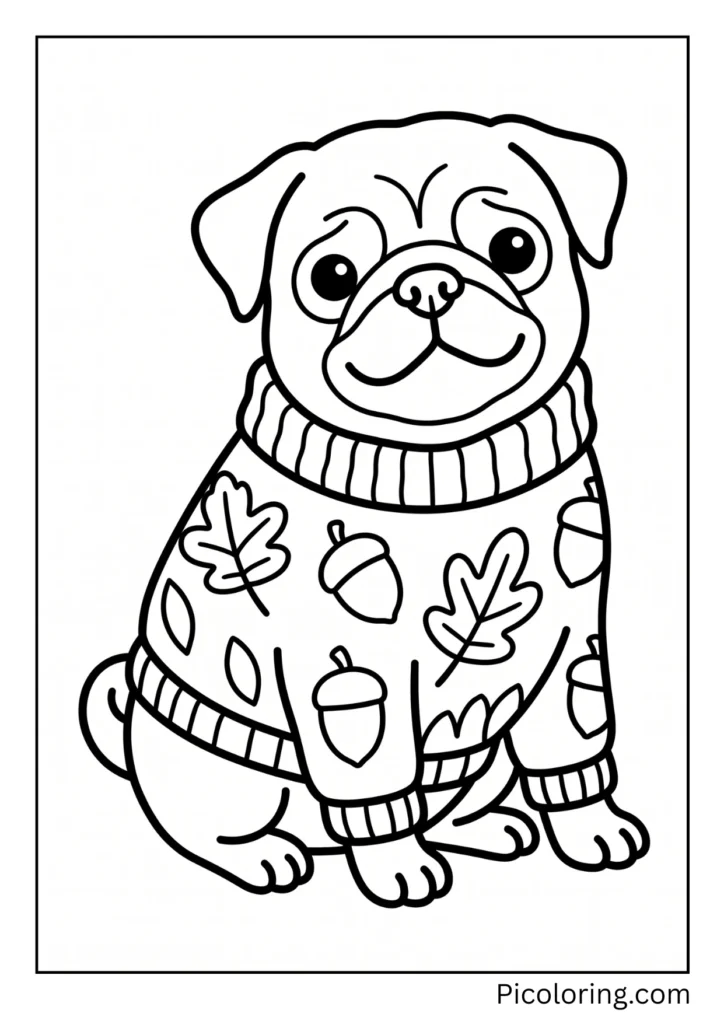 A cozy pug wearing a warm knitted sweater with fall patterns of leaves and acorns on it