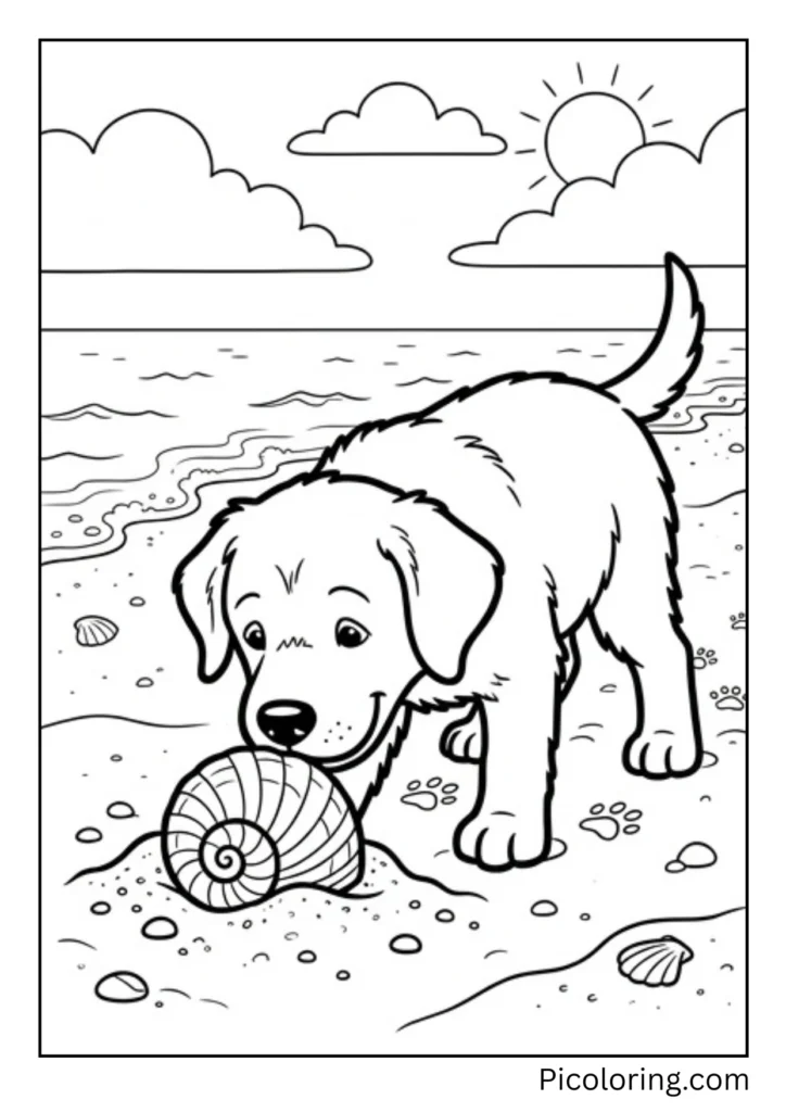 A curious Labrador sniffing a pretty seashell half-buried in the sandy beach
