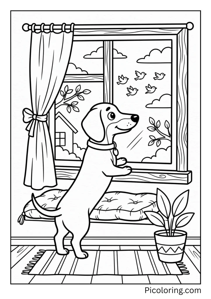 A curious dachshund looking outside the window watching birds fly by