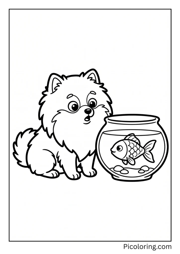 A curious pomeranian dog looking amazed at a pretty orange fish in a bowl A curious pomeranian dog looking amazed at a pretty orange fish in a bowl