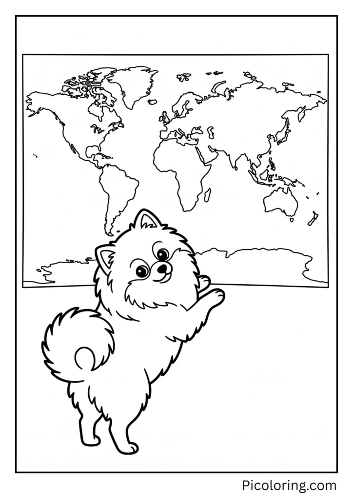 A curious pomeranian dog looking at a big colorful map of the whole world A curious pomeranian dog looking at a big colorful map of the whole world