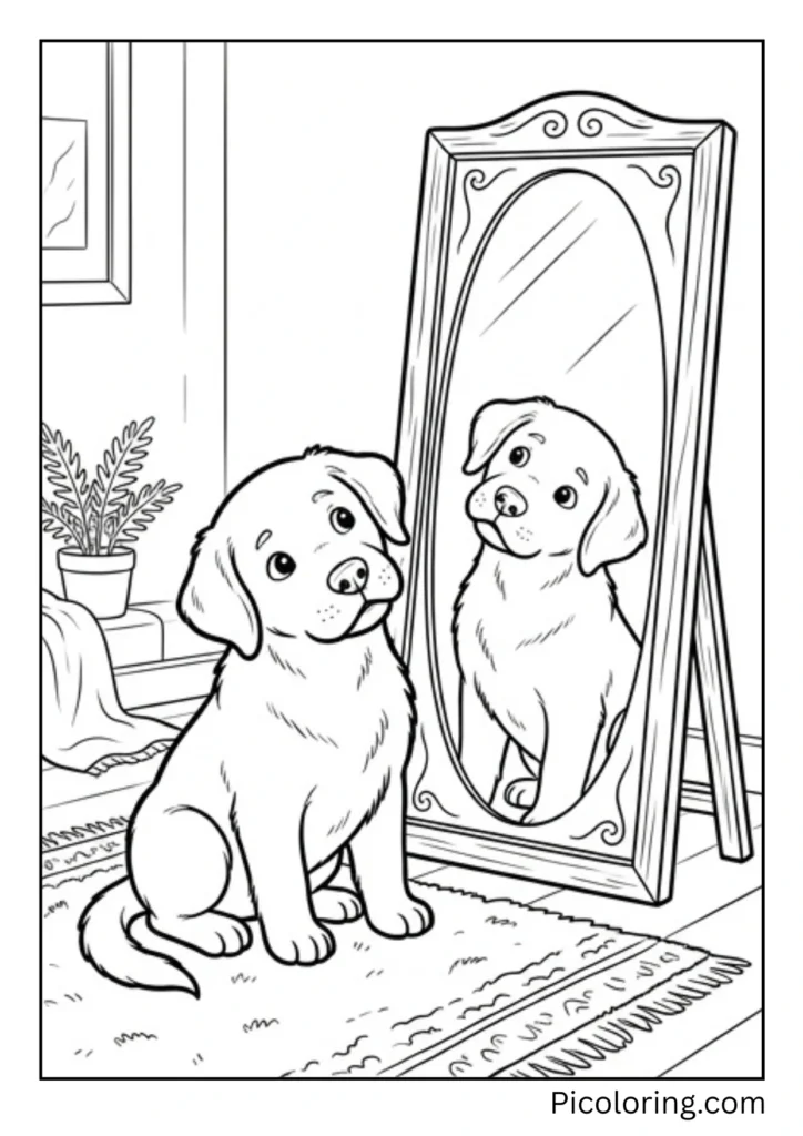 A curious puppy looking at its own reflection in a mirror with a confused head tilt