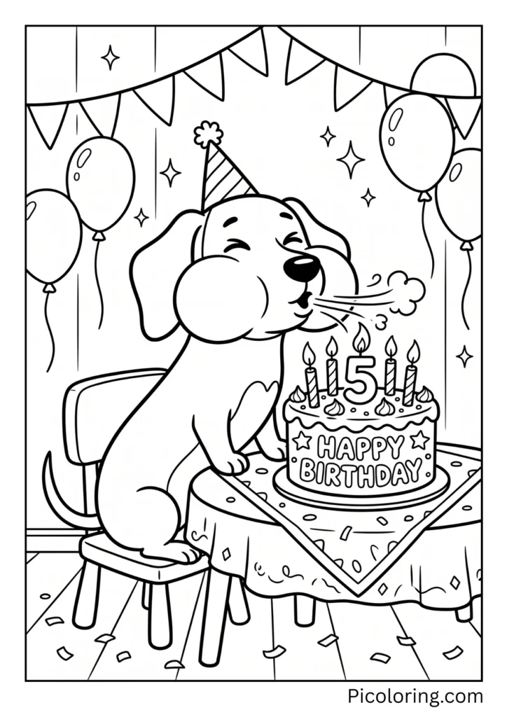 A dachshund blowing out candles on a cake with big puffy cheeks