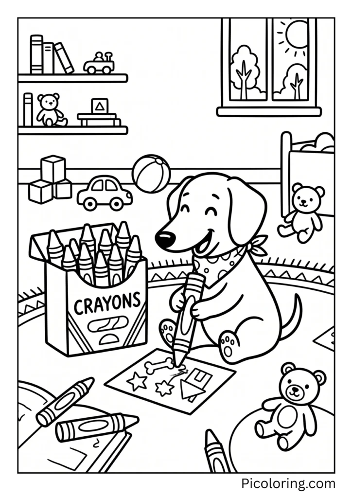 A dachshund coloring a picture using a big box of colorful crayons