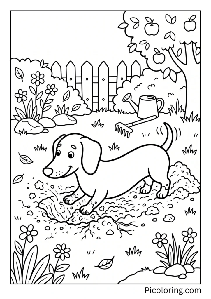 A dachshund digging a funny little hole in the backyard dirt