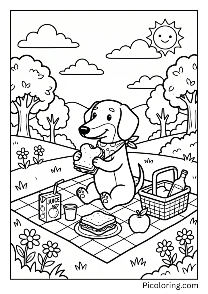 A dachshund enjoying sandwiches and juice at a sunny outdoor picnic