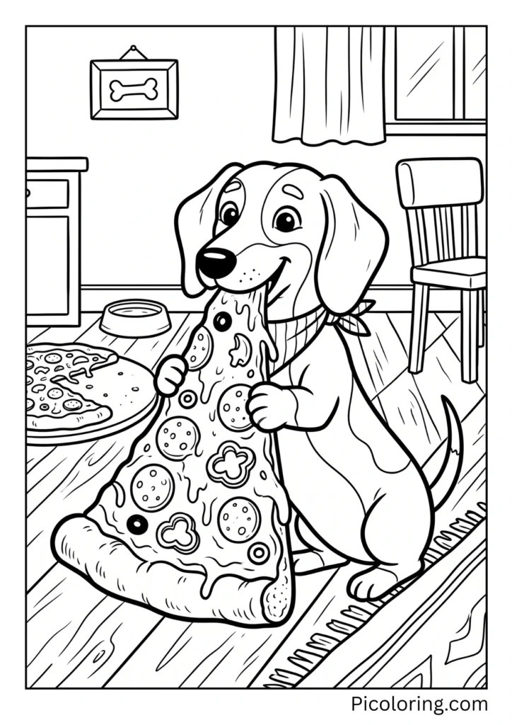A dachshund happily eating a giant slice of cheesy pizza with toppings