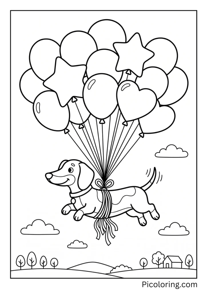 A dachshund holding a big bunch of colorful balloons floating in the air