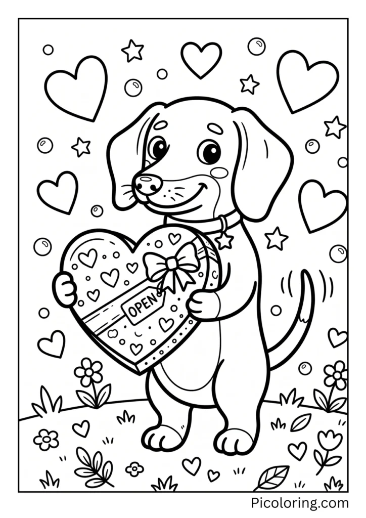 A dachshund holding a big heart-shaped box of chocolates for someone special
