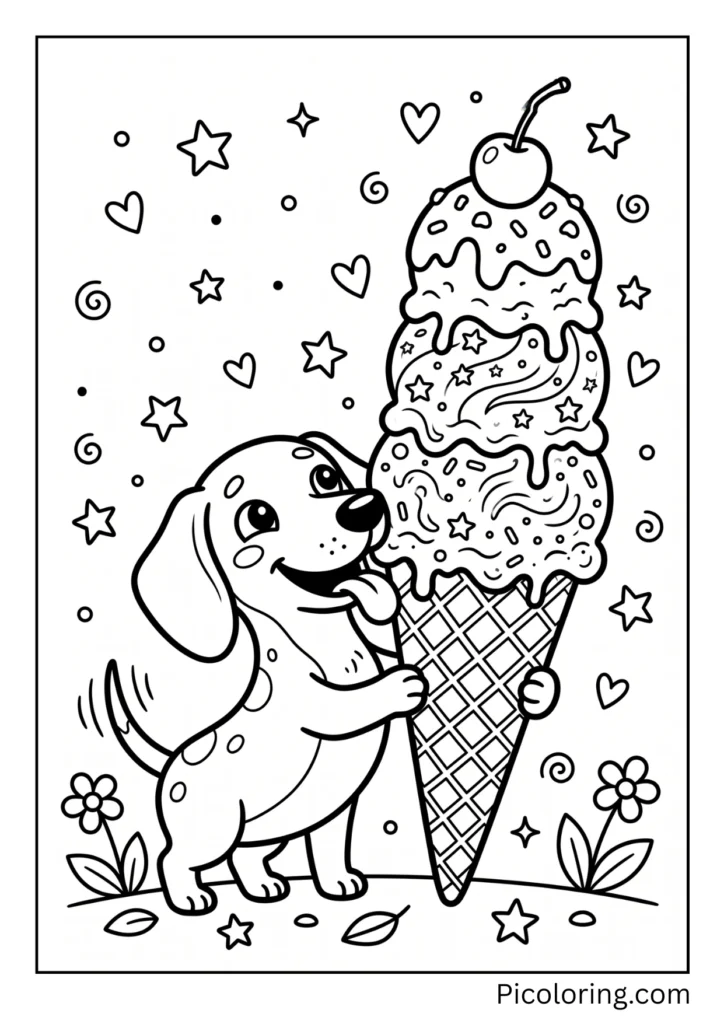 A dachshund licking a giant colorful ice cream cone with a big smile