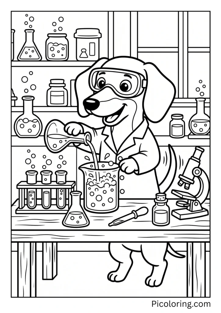 A dachshund mixing colorful bubbling liquids in a science lab coat