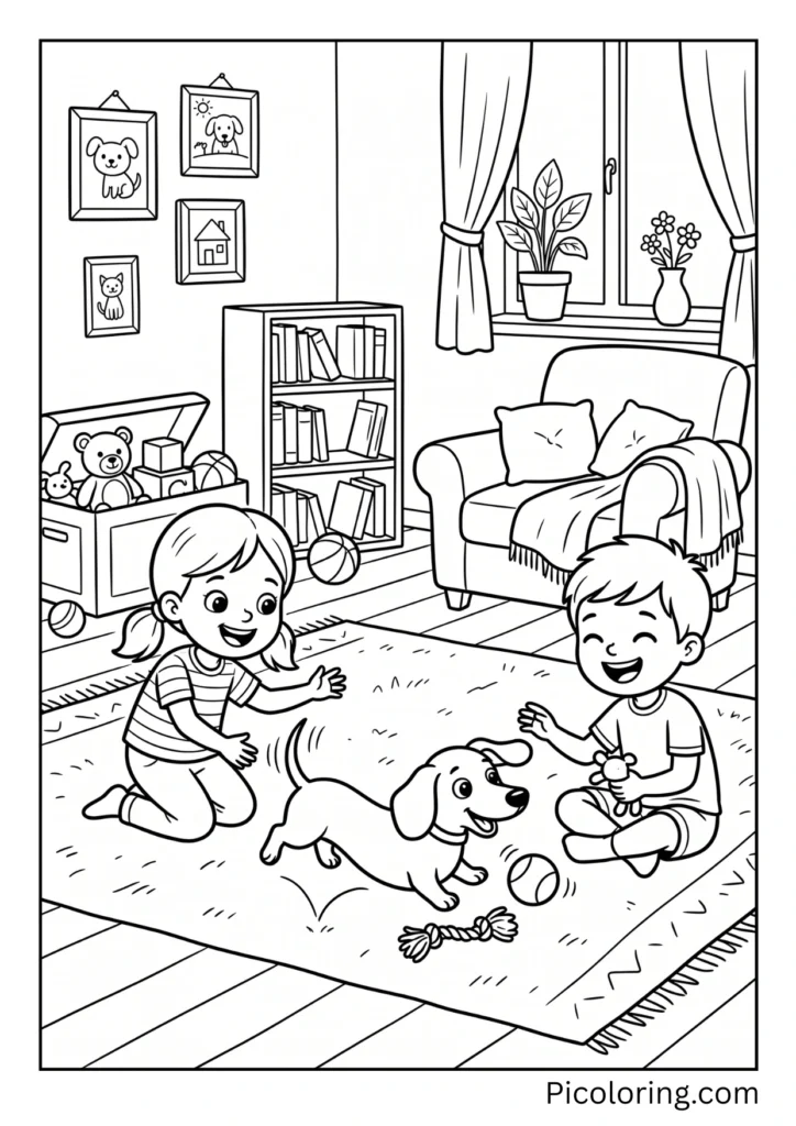 A dachshund playing happily with two smiling children in the living room
