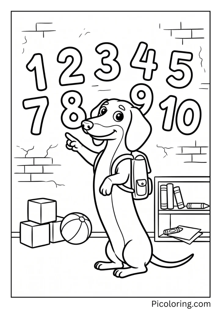 A dachshund pointing at big colorful numbers on a classroom wall