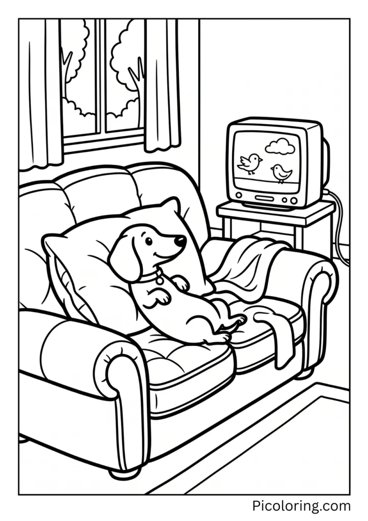 A dachshund relaxing on a big fluffy couch watching television