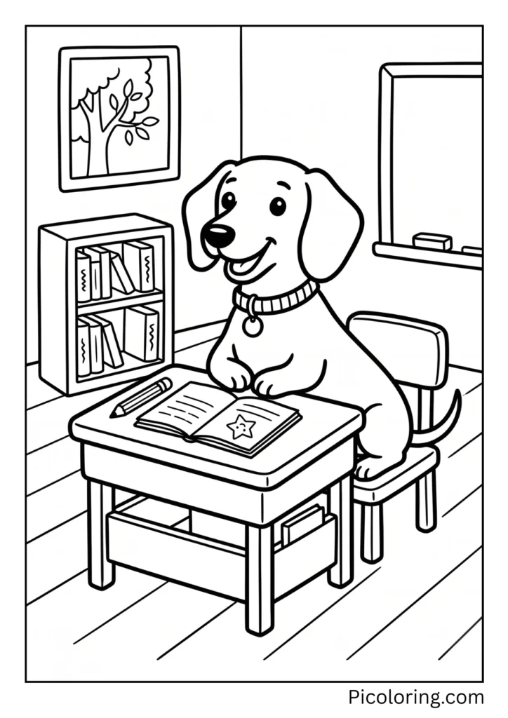 A dachshund sitting at a tiny desk in a classroom ready to learn