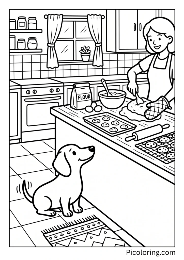 A dachshund sitting in the kitchen watching someone bake yummy cookies