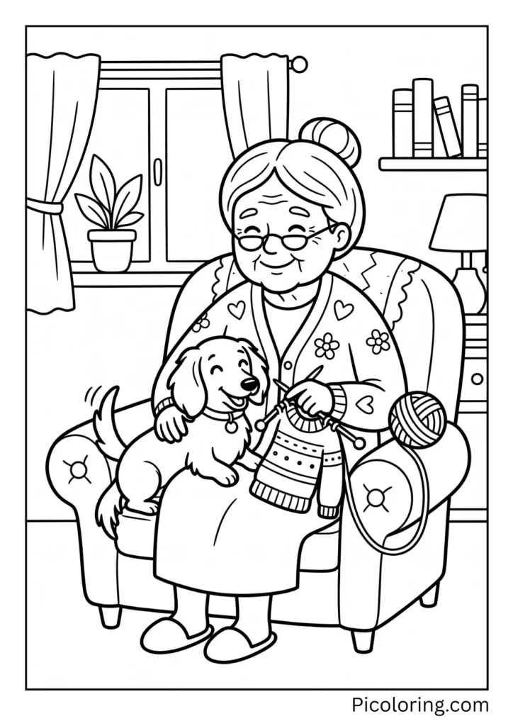 A dachshund sitting on grandmas lap while she knits a cozy sweater