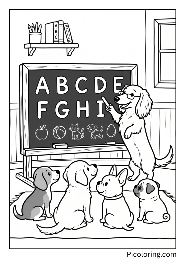 A dachshund standing at a chalkboard teaching letters to other puppies
