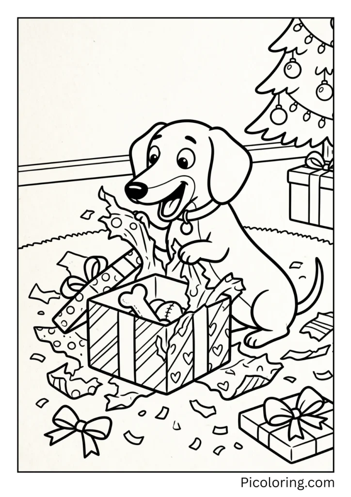 A dachshund tearing open a wrapped present with excitement and surprise