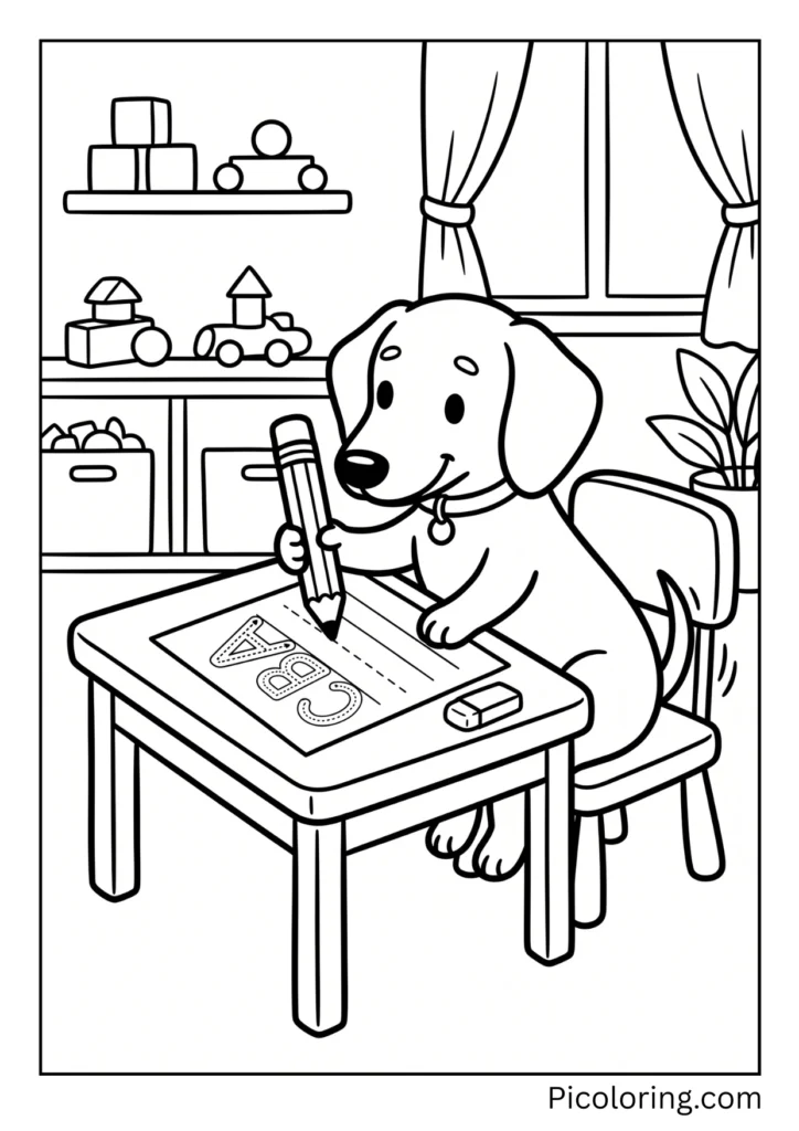 A dachshund tracing letters on paper with a pencil very carefully