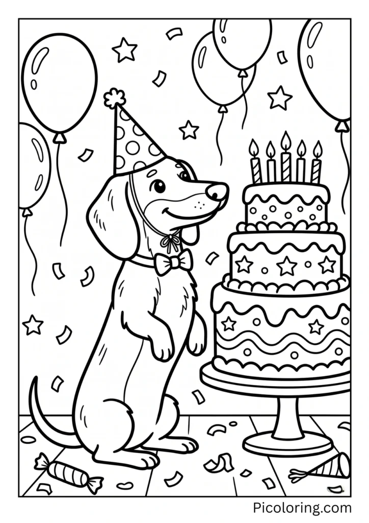 A dachshund wearing a party hat sitting next to a big colorful birthday cake