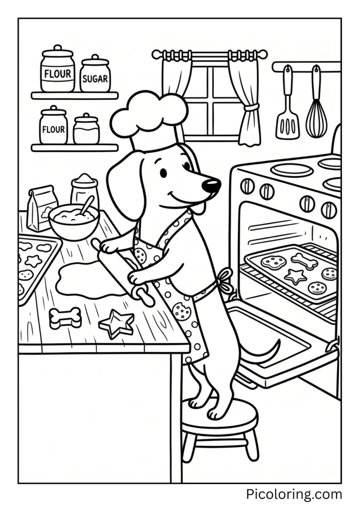 A dachshund wearing an apron and chef hat baking cookies in the oven
