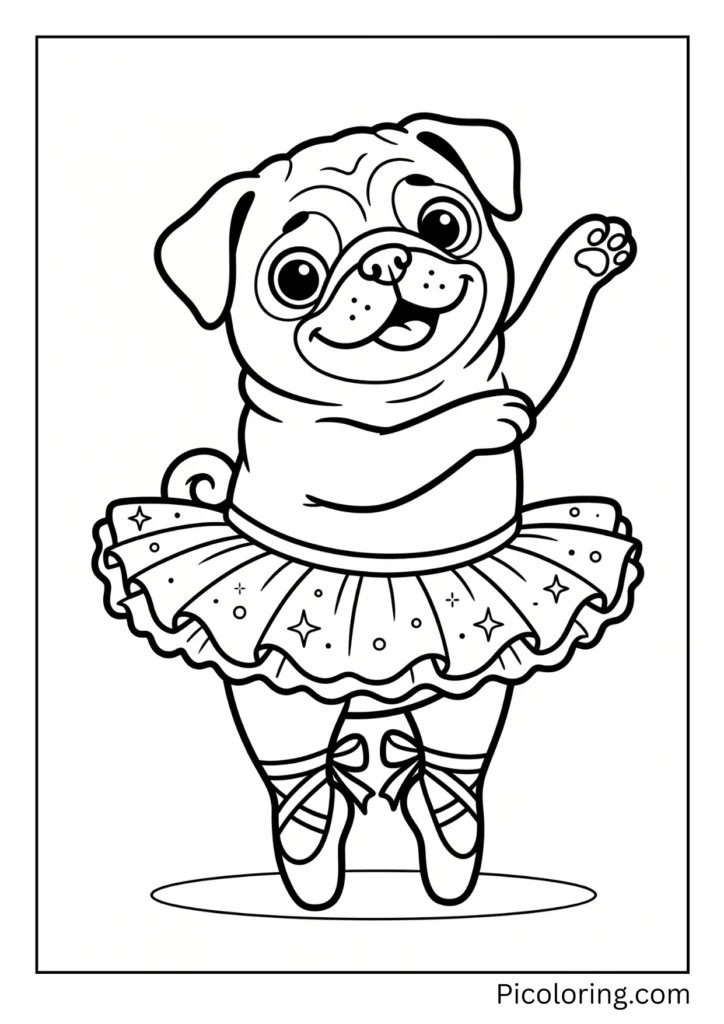 A dancing pug standing on its back legs wearing a fluffy pink tutu and sparkly ballet slippers with ribbons