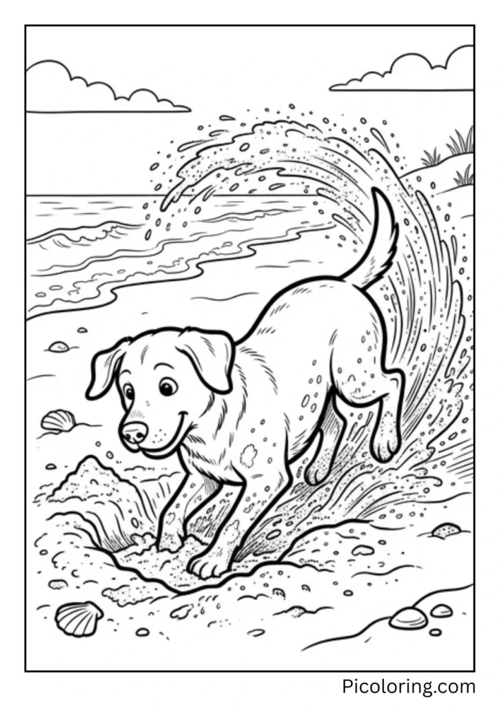 A dog digging frantically in the sand with its paws flying and sand spraying behind it