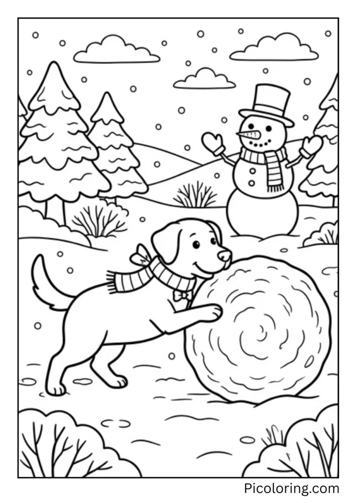 A dog helping build a snowman by pushing a big snowball with its nose