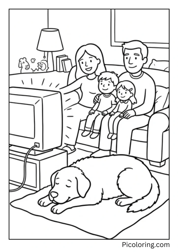 A dog lying on the floor with family members watching television together at night