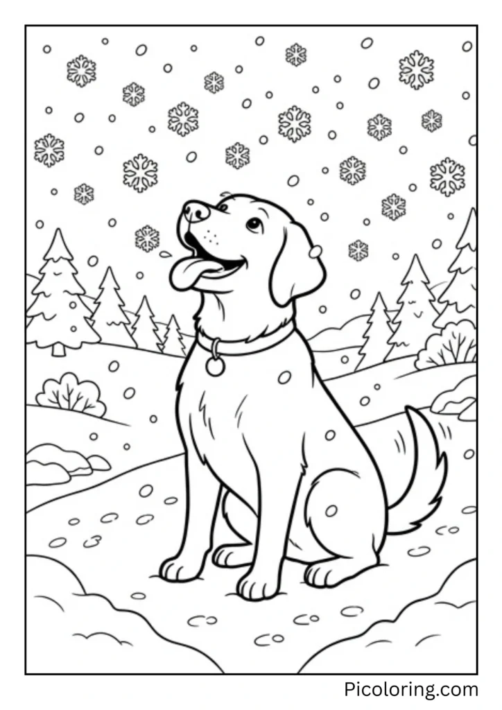 A dog sitting in falling snow with its tongue out catching snowflakes from the sky