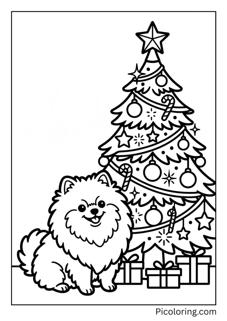 A fluffy Pomeranian dog sitting beside a tall sparkling beautifully decorated Christmas tree A fluffy Pomeranian dog sitting beside a tall sparkling beautifully decorated Christmas tree