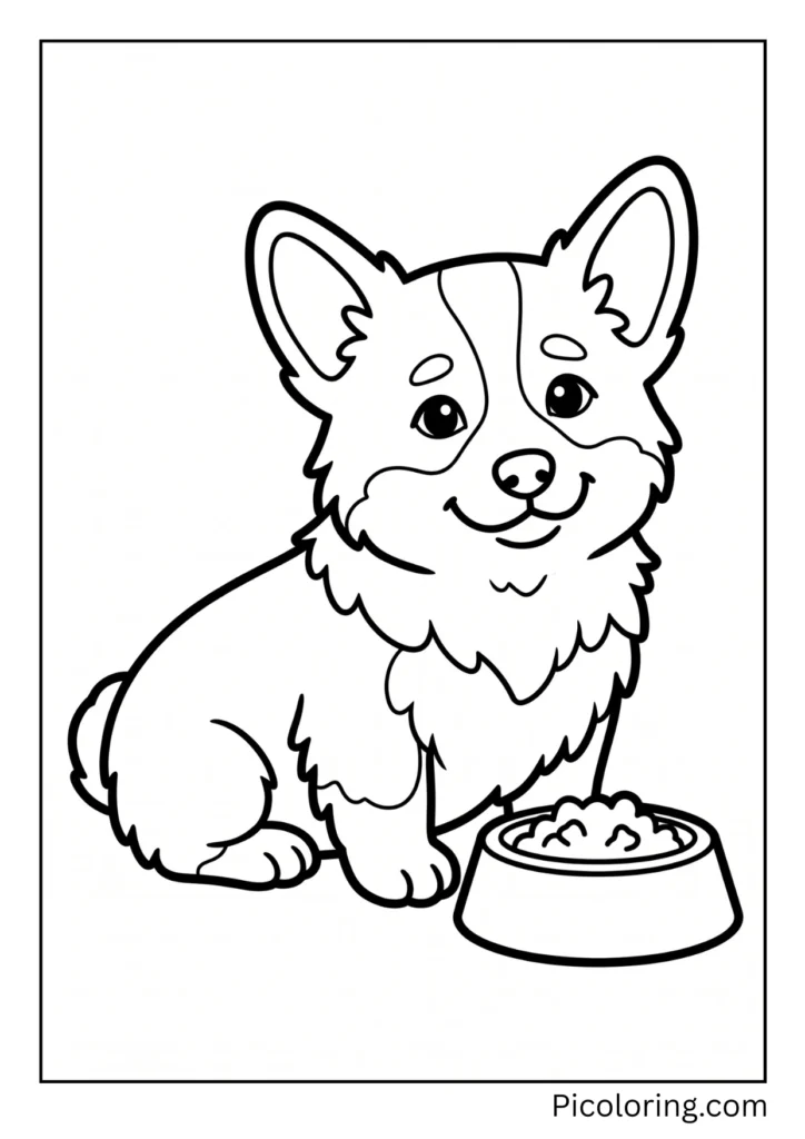 A fluffy corgi puppy sitting next to a food bowl A fluffy corgi puppy sitting next to a food bowl