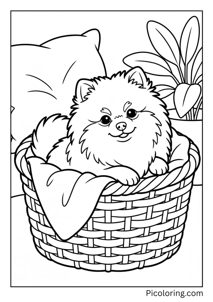 A fluffy pomeranian puppy snuggled inside a cozy little wicker basket A fluffy pomeranian puppy snuggled inside a cozy little wicker basket