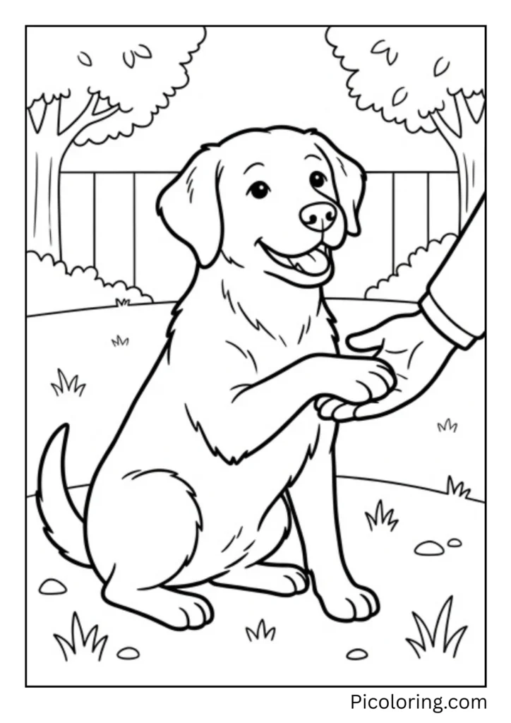A friendly dog raising its paw to shake hands with a persons outstretched hand