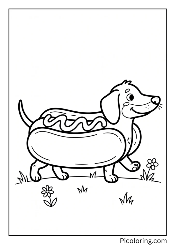 A funny dachshund dressed as a hot dog in a bun with mustard on top