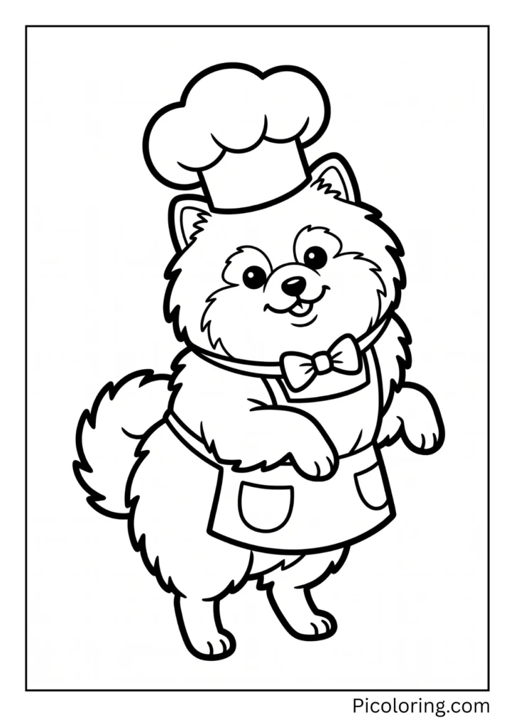 A funny pomeranian dog wearing a tall white chef hat and a little apron A funny pomeranian dog wearing a tall white chef hat and a little apron