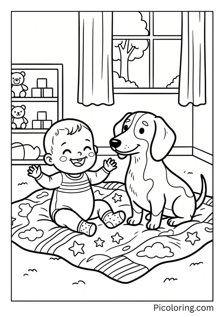 A gentle dachshund sitting next to a laughing baby on a soft blanket