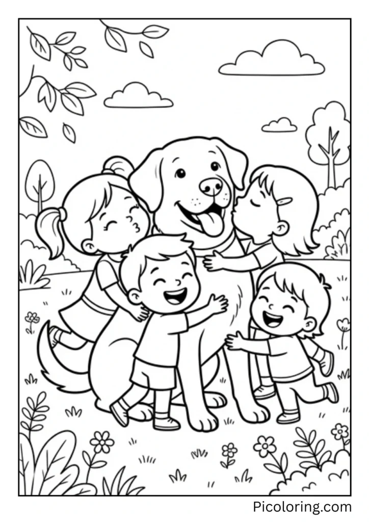A happy Labrador surrounded by children giving it big hugs and kisses all over