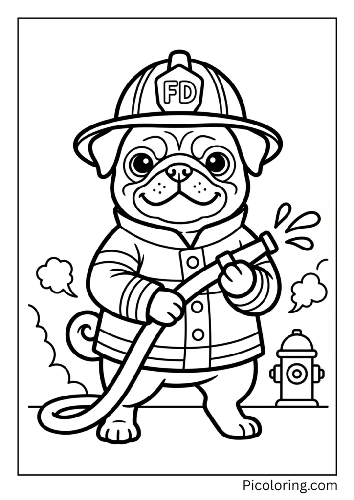 A heroic pug wearing a yellow firefighter helmet with a red jacket and holding a water hose