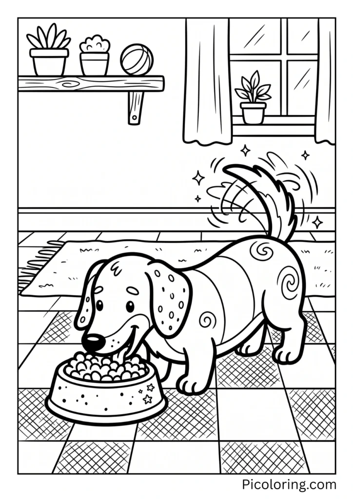 A hungry dachshund eating from his food bowl with a happy tail wagging