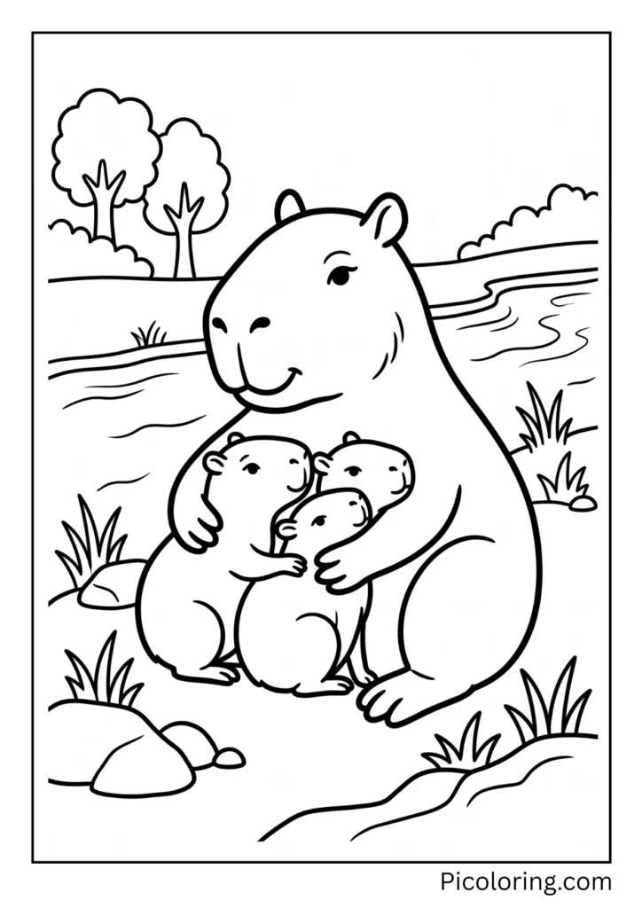 A mama capybara hugging her three little babies near a river A mama capybara hugging her three little babies near a river