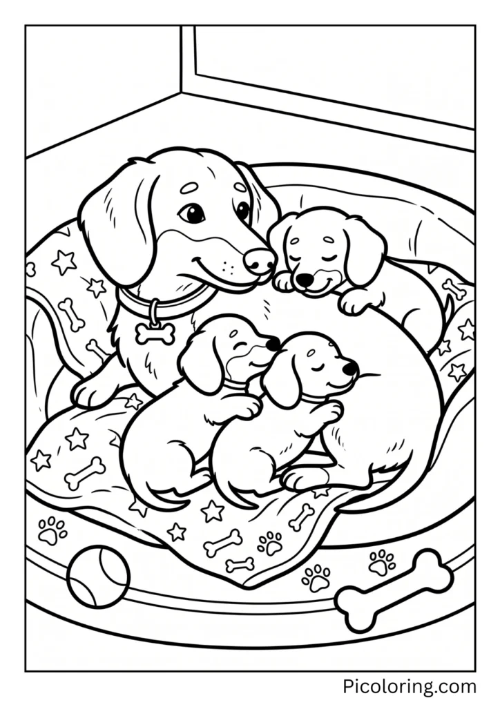 A mama dachshund with three cute little dachshund puppies cuddling together