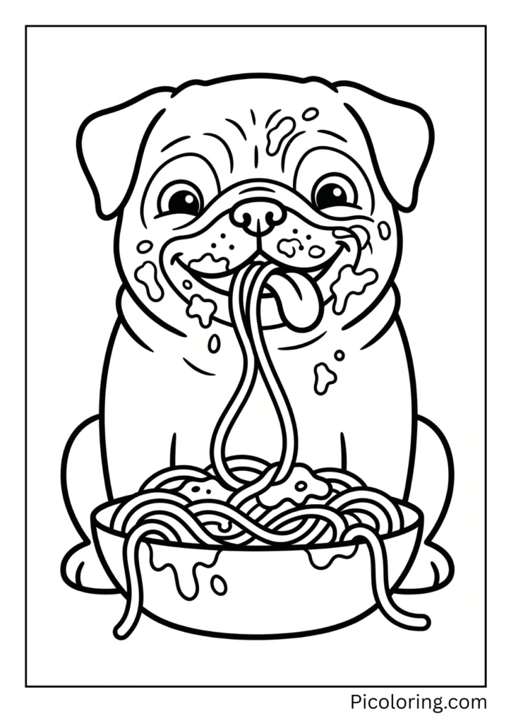 A messy pug slurping up long spaghetti noodles with red tomato sauce splattered on its face