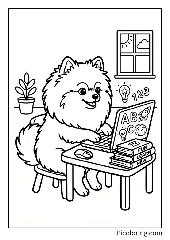 A modern pomeranian dog typing on a tiny computer learning fun exciting new digital things A modern pomeranian dog typing on a tiny computer learning fun exciting new digital things